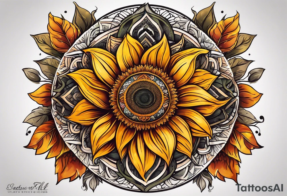 sunflower mandala Knee tattoo in fall colors tattoo idea