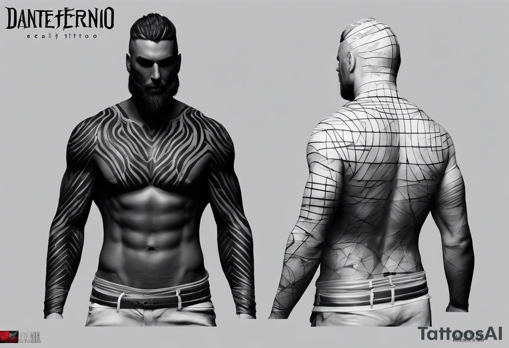 Certainly! Here’s a description for your back tattoo:

---

**Tattoo Description:**

Design: Black work, paint strokes.
Location: Back.
Concept: Dante's Inferno, representing the layers of hell.

**Design Details:**

1. **Vertical Lines:**
   - Two bold, vertical lines run parallel up the spine, symbolizing the journey through the depths of Dante's Inferno.

2. **Horizontal Lines:**
   - Nine horizontal lines intersect the vertical lines, each representing one of the nine circles of hell.
   - The lines descend down the back, each becoming progressively shorter and narrower to signify the decreasing levels of hell's circles.
   - The paint stroke style gives the lines a dynamic, brush-painted appearance, enhancing the dramatic and artistic effect.

3. **Overall Style:**
   - The black work technique ensures a striking contrast, with deep black ink emphasizing the severity and depth of the concept.

Sure, here's a simplified version:

---

**Tattoo Description:**

**Design:** Black work, paint strokes.
**Location:** Back.
**Concept:** Dante's Inferno, layers of hell.

**Details:**

1. **Vertical Lines:**
   - Two parallel lines up the spine.

2. **Horizontal Lines:**
   - Nine perpendicular lines, descending and decreasing in width.

**Style:**
   - Bold black work with paint stroke effects.

---

This version is straightforward and clear.

---

This description provides a clear and detailed vision for your tattoo artist to work from, capturing the essence and symbolism of Dante’s Inferno in a powerful and visually striking way. tattoo idea