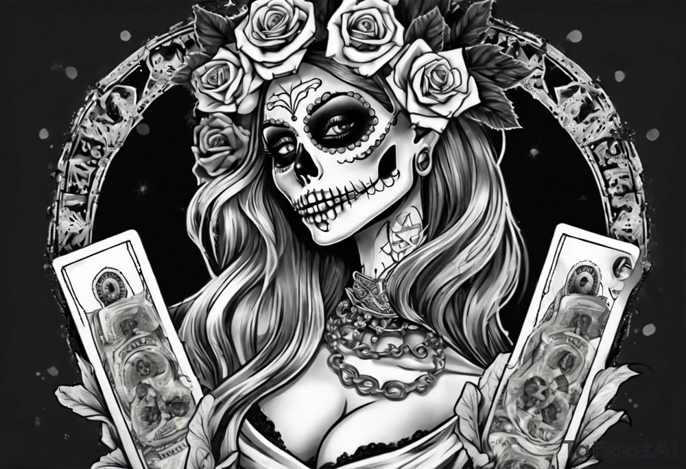 santa la muerta with money and crown
on the card tattoo idea