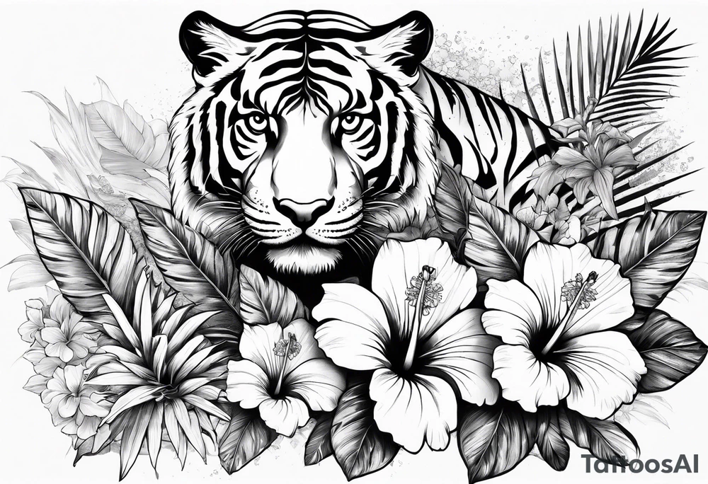 Hibiscus is very tropical with palm trees, tiger, surrounded with flowers water tattoo idea