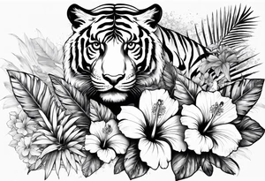 Hibiscus is very tropical with palm trees, tiger, surrounded with flowers water tattoo idea
