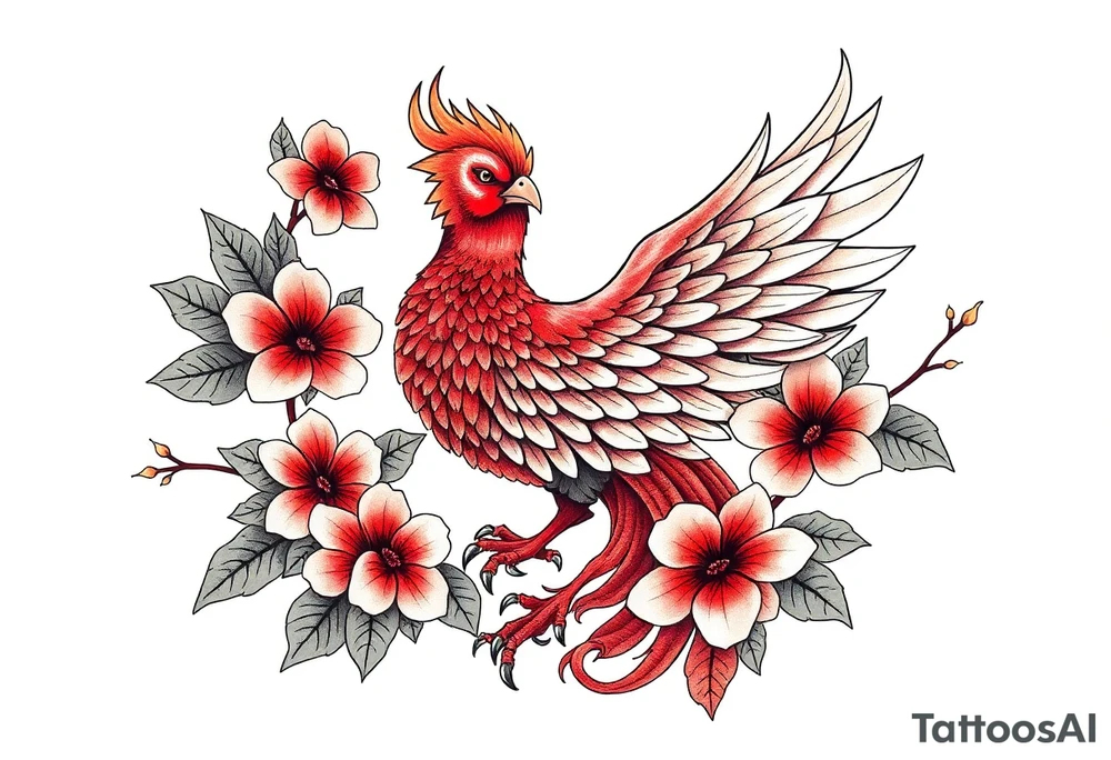 powerful japanese phenix surrounded by maple leaf and cherry blossom tattoo idea