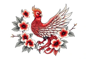 powerful japanese phenix surrounded by maple leaf and cherry blossom tattoo idea