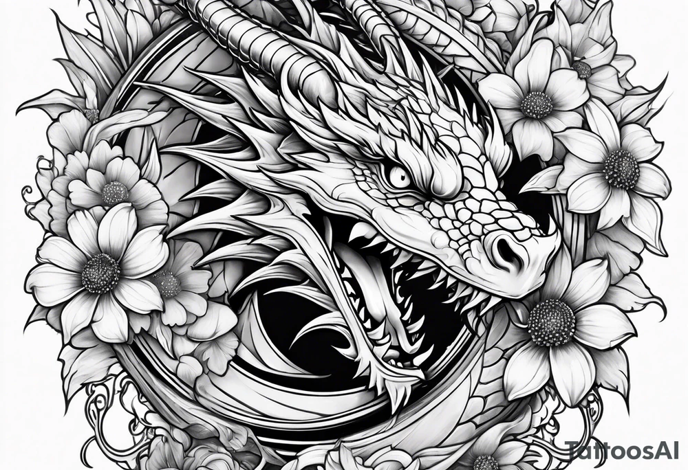 Dragon with sweet pea daisy flower tattoo idea