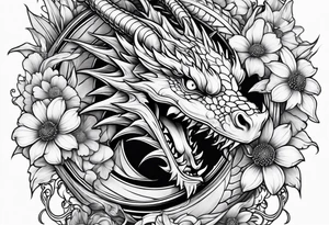 Dragon with sweet pea daisy flower tattoo idea