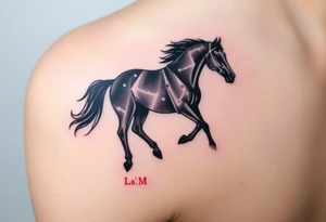 horse silhouette 
from the front which gallops from the front, with the 3 small letters discreetly integrated: L, A, M tattoo idea