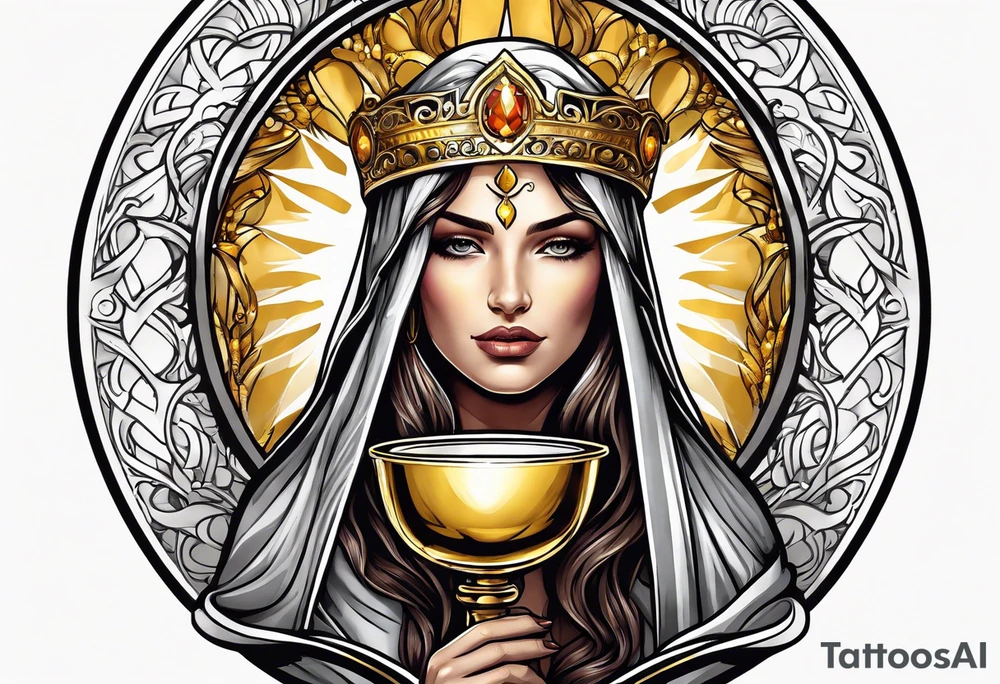 holy saint woman with golden halo holding a chalice tattoo idea