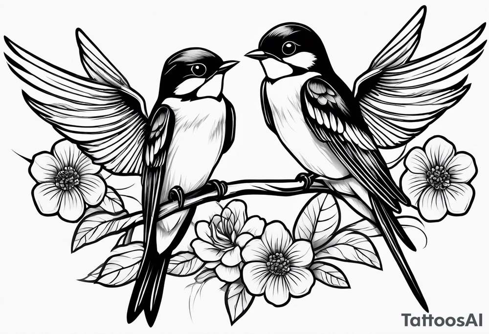 Pair of swallows with flowers in the background, simple tattoo idea