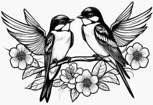Pair of swallows with flowers in the background, simple tattoo idea