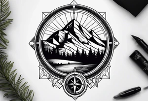 compass with mountains, trees, tavel inspired tattoo idea