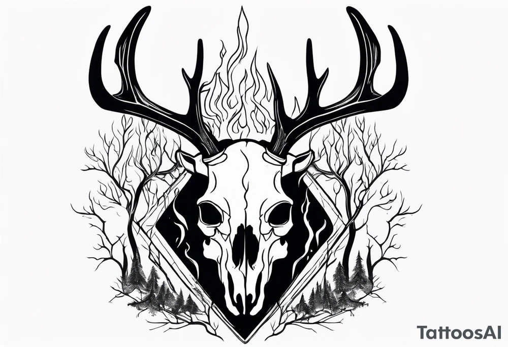 side profile of a DECAYING deer skull JUST BONE surrounded by a flames and trees tattoo idea