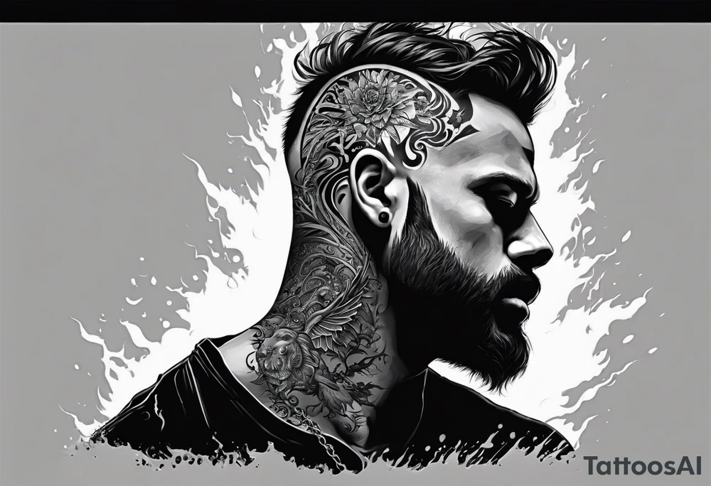 Creator for me a tatto design that consist in the following description, a man being held by the neck by his heart representing the emotions and fellings that make him stuck inside himself, on his side a beast represeting the rage and inner fury inside, glowing with all the mistakes that were made. On the other side a angelical creature, try to preserve the good side of him, and wanting him to follow a good path. tattoo idea