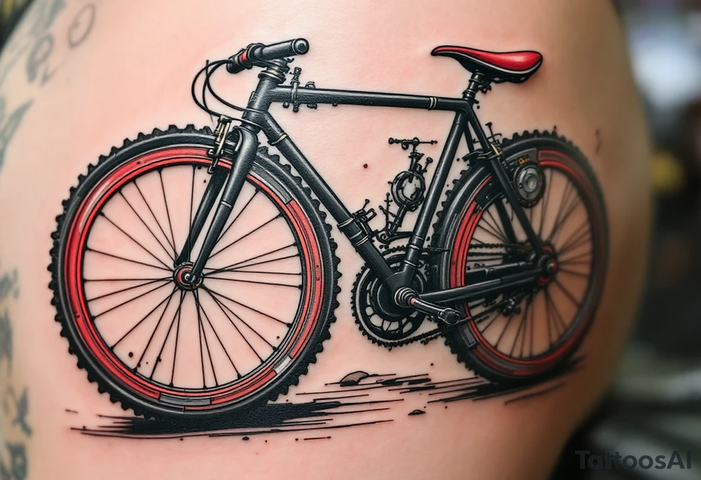 A bicycle with an oversized front wheel, painted in matte black with a touch of red and gray for a steampunk vibe. tattoo idea