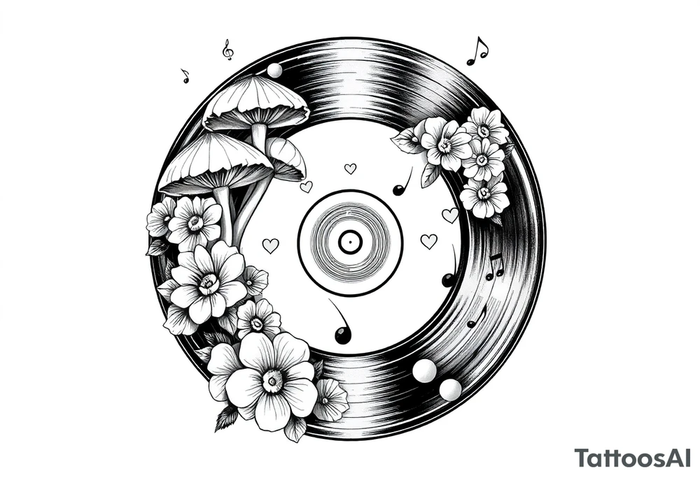 vinyl record with mushrooms, flowers, hearts, and music notes tattoo idea