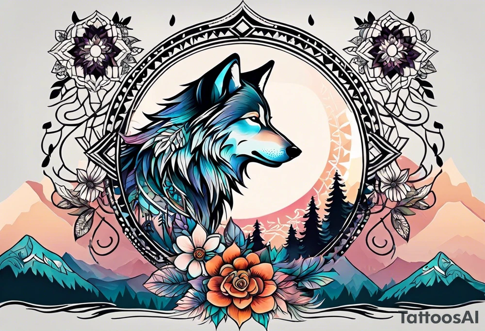 A whimsical wolf tattoo featuring mandala or dream catcher elements, with the wolf as the central focus. Show the wolves whole body standing surrounded by mountains in the background. Include flowers and nature elements to fill the space around the wolf. Some color but not completely solid bold color tattoo idea