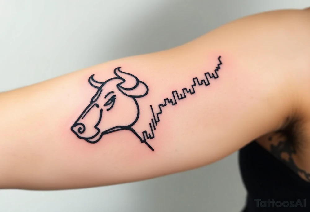Create a minimalist black line tattoo of a bull’s head that transitions into an upward-trending candlestick stock chart. The design should have clean, fluid lines and combine the bull’s face and horns on the left, with the candlestick chart rising to the right, forming the shape of the bull’s jaw/neck. Keep the style simple and elegant, suitable for a forearm or upper arm tattoo.” tattoo idea