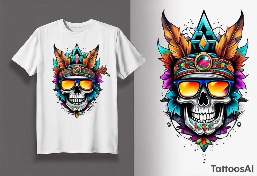 Colorful Mayan skull wearing sunglasses with bats water and cave tattoo idea