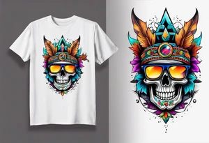 Colorful Mayan skull wearing sunglasses with bats water and cave tattoo idea