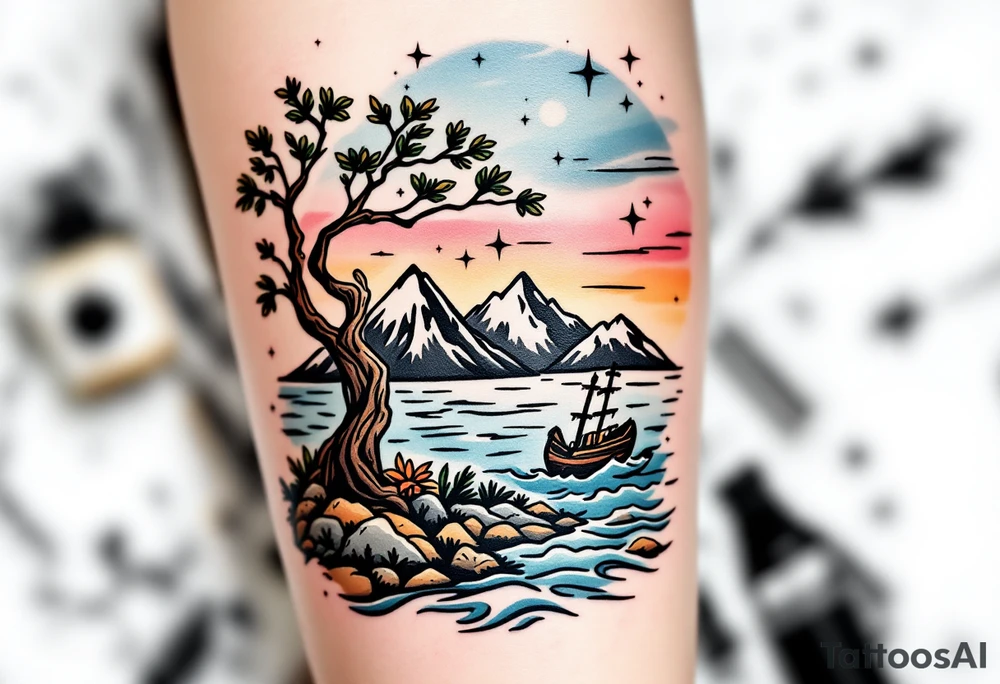 tattoo that has an acacia tree with mountains, ocean with a ship wreck and the northern star tattoo idea