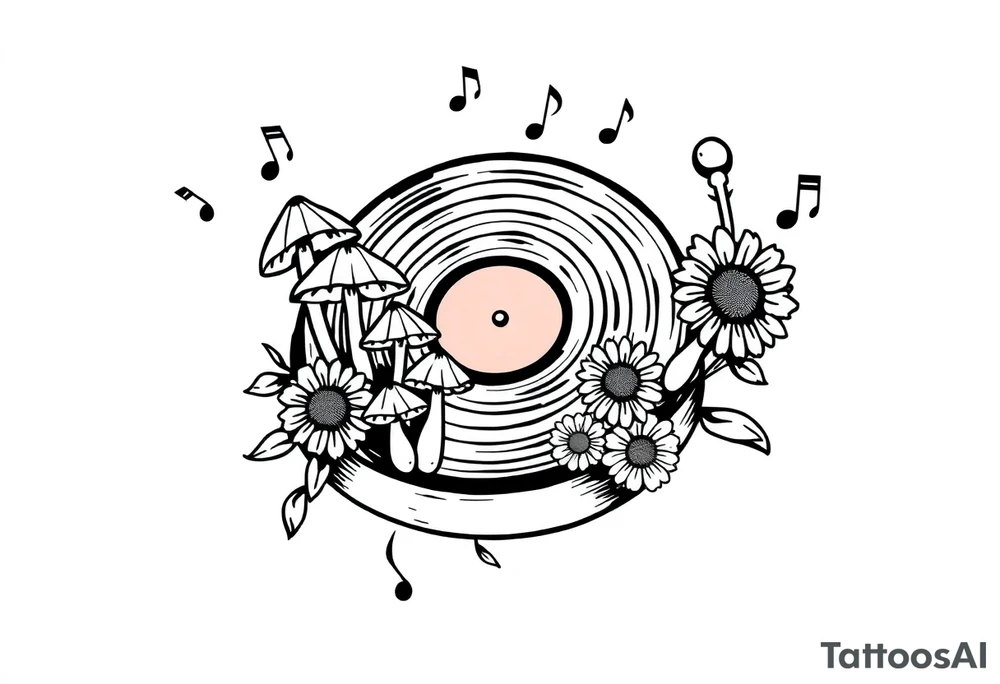 vinyl record player with mushrooms, sunflowers, and music notes around it tattoo idea