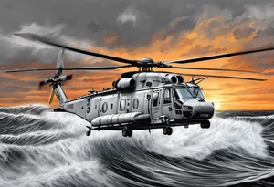 canadian military grey helicopter cyclone CH-148, a helicopter flying over rough water, Clear sky, sunset
, military art, ocean specular, highly detailed background, tattoo idea