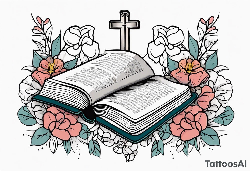 front of bible with cross on bible surrounded by flowers tattoo idea