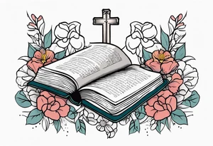 front of bible with cross on bible surrounded by flowers tattoo idea