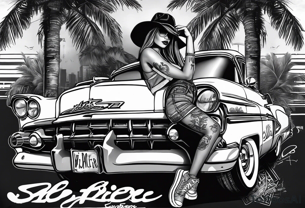 i want a leg tattoo design to be black and white collage with a mix of urban, graffiti, and street art styles. She must wear a cap with graffiti-style lettering on it.Palm trees are integrated into the background, suggesting a tropical or Californian vibe. Below the woman's portrait, there must be a depiction of a classic lowrider car, adding to the urban feel. The words "Live Now" are written in a dynamic, flowing script across the design, further emphasizing the theme of living in the moment. The overall style is a mix of realism and abstract elements, with splashes, drips, and various textures creating a layered, graffiti-inspired aesthetic tattoo idea
