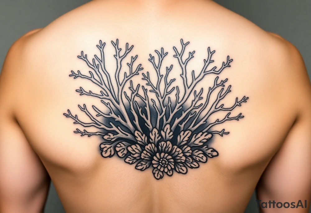 Tribal style tattoo of coral reef, black on skin only. It must be prominent that the design is tribally inspired. The design should be symmetrical. There miust be variation in the types of coral. The design should fit on a calf tattoo idea