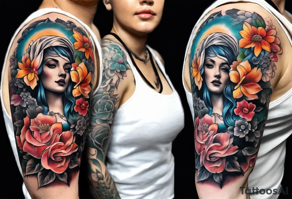 Sleeve with blind Themis and flowers tattoo idea