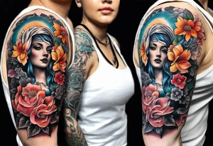 Sleeve with blind Themis and flowers tattoo idea