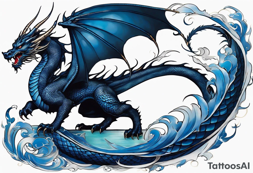 An epic with no wings, floating. Its long body coiling dynamically, with scales and horns detailed to create a sense of movement and strength. The dragon's main color is midnight blue, giving a vibrant depth and a mystical aura. This tattoo highlights the dragon’s fierce expression and sharp claws. tattoo idea