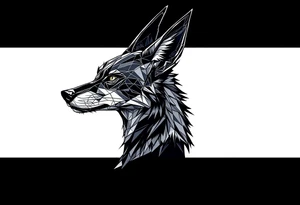 a mix of a jackal, a black hound, and Anubis, looking back, serious and daring tattoo idea