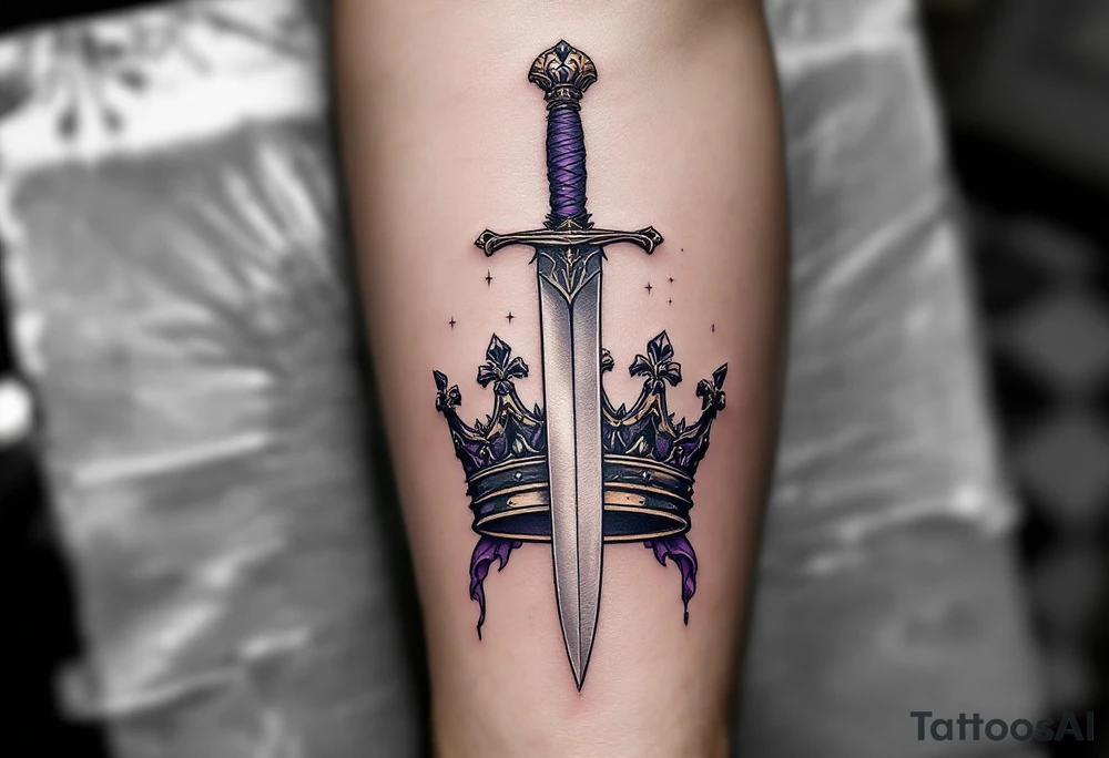 A dagger and scepter crossing over a shared crown, shaded in steel gray and regal purple. tattoo idea