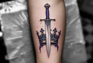 A dagger and scepter crossing over a shared crown, shaded in steel gray and regal purple. tattoo idea