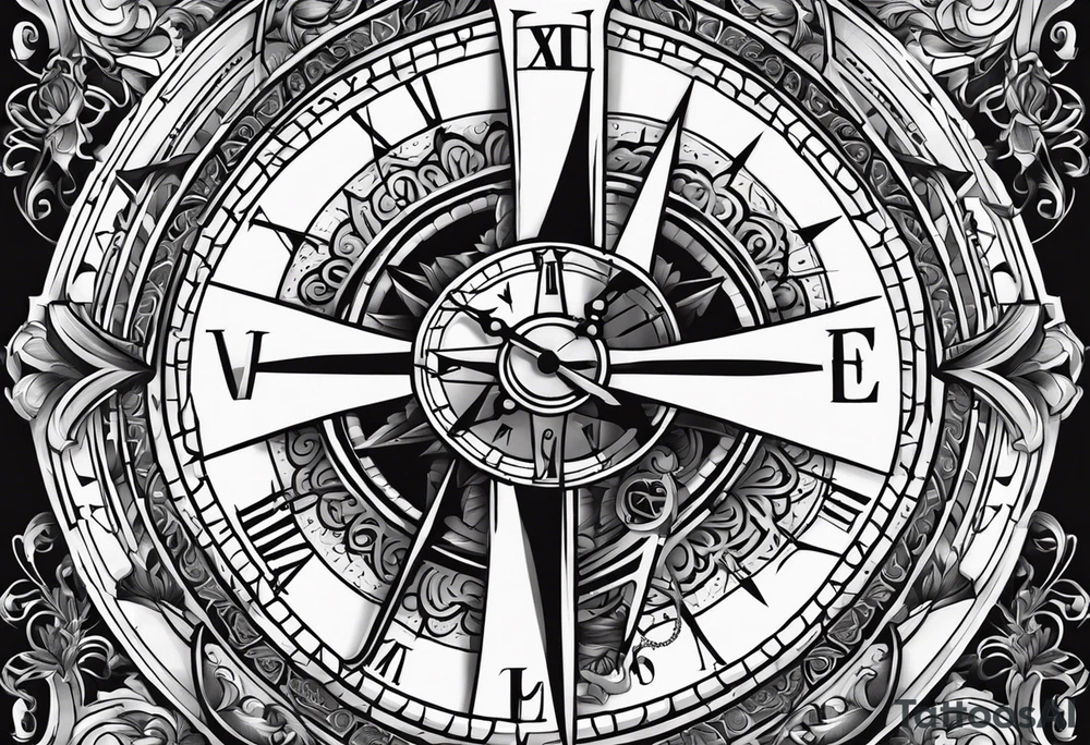 Latin cross with clock on top of it and compass under tattoo idea