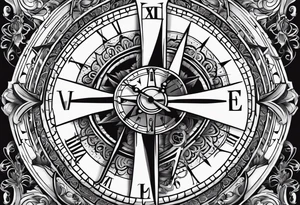 Latin cross with clock on top of it and  compass under tattoo idea