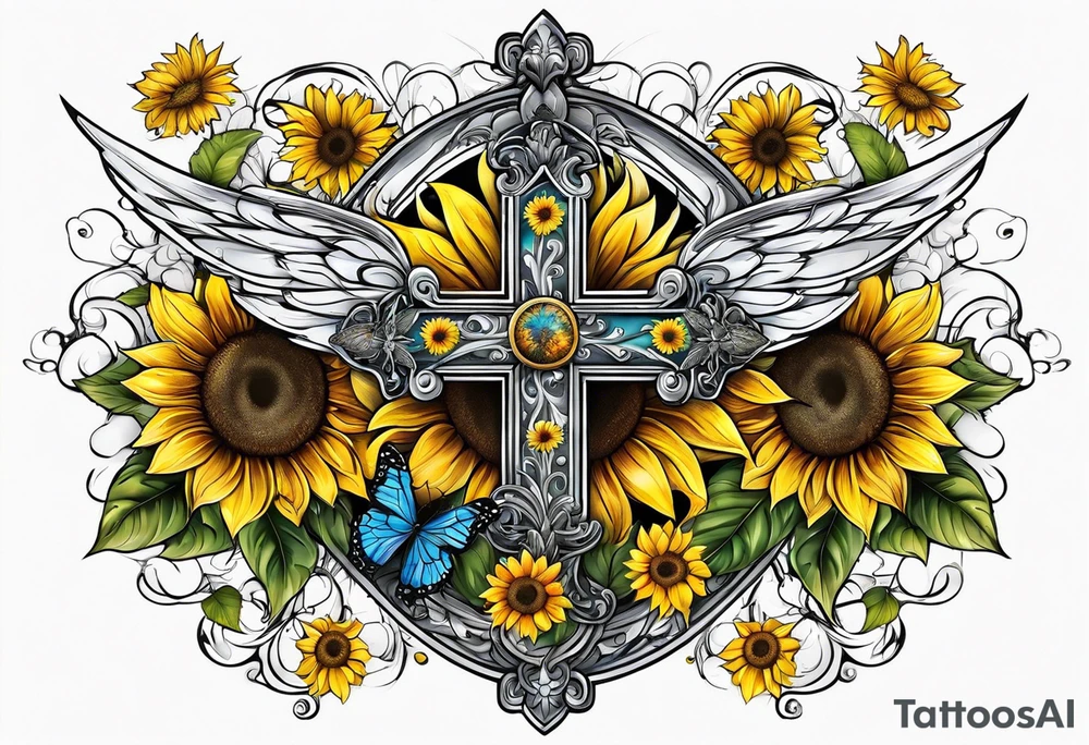 Winged cross with sunflower and butterflies tattoo idea