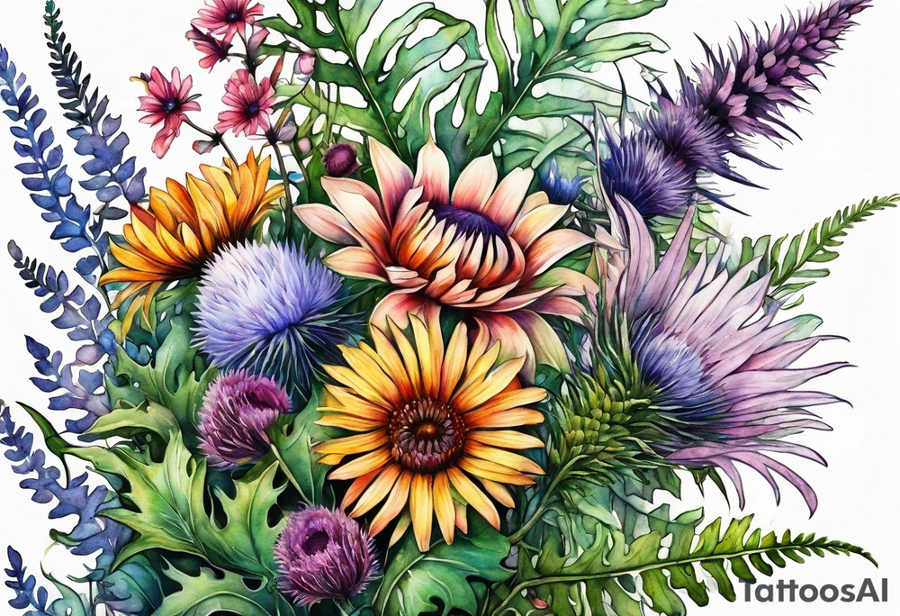 vertical mixed wildflower bouquet with ferns, thistle and with watercolor tattoo idea