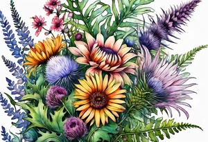 vertical mixed wildflower bouquet with ferns, thistle and with watercolor tattoo idea