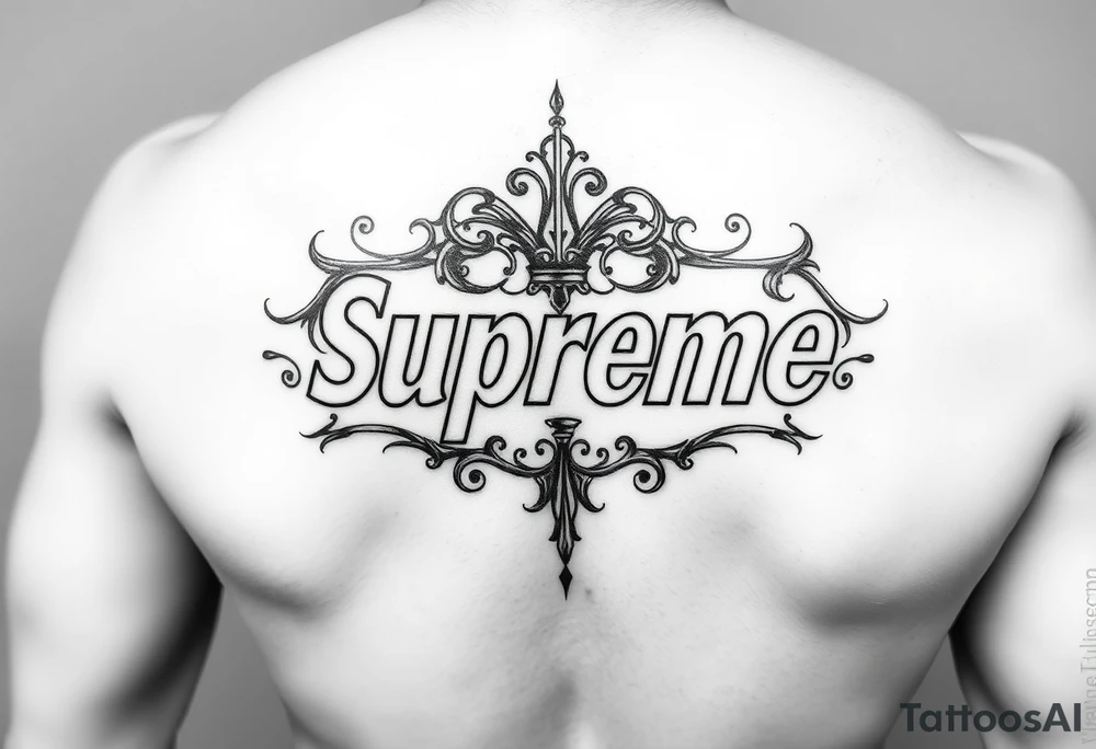 The Supreme high Brand logo I want it to be a reverse tramp stamp or it kind of above my bladder. It is a cover-up so I need to be dark and also filled in and the there could be no skin space colors OK but I have a huge  bad tat ther eso Itshould be pretty big. tattoo idea