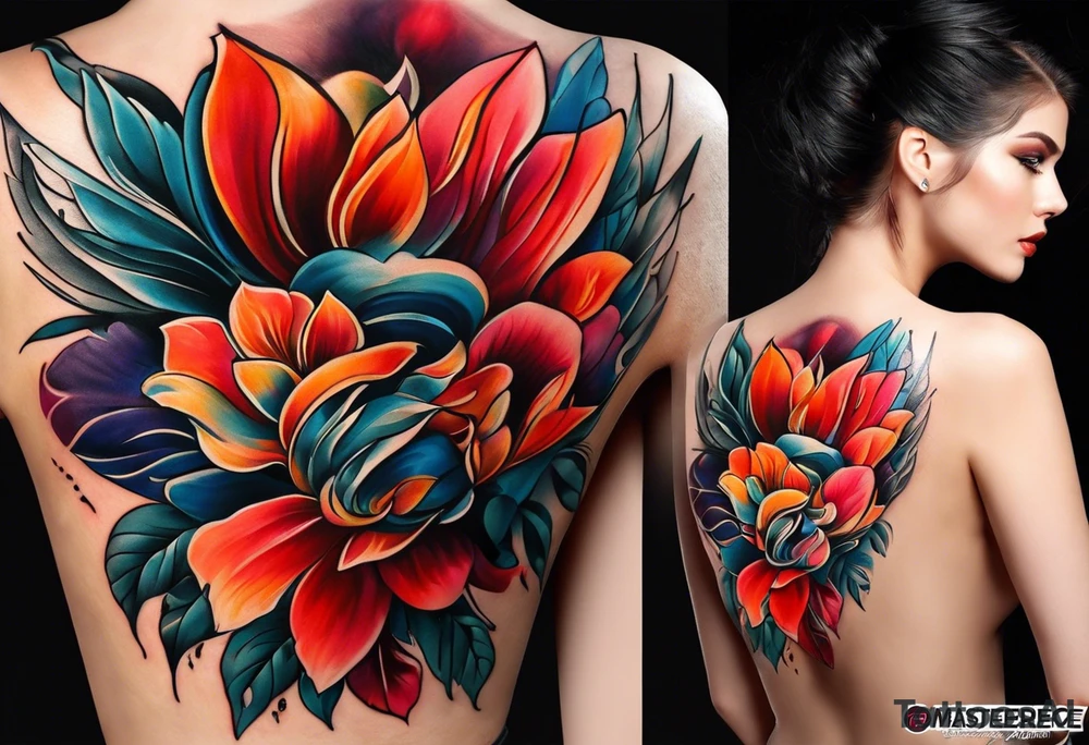 женщина демон с красными языками пламени за ней tattoo idea