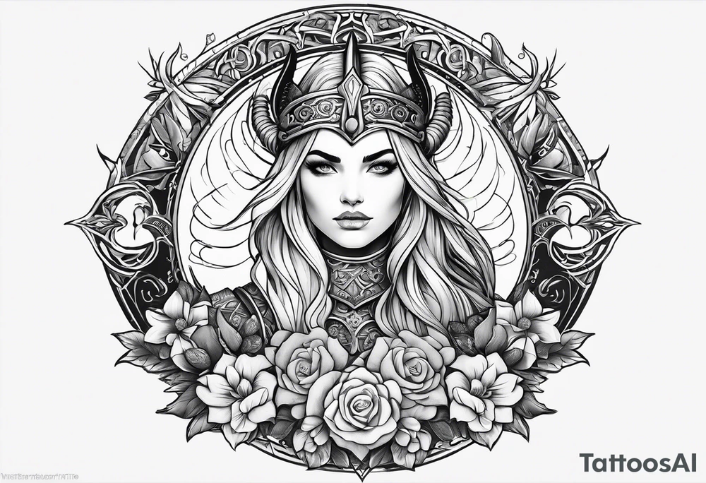 Viking, feminine warrior, bedroom eyes, headshot, princess, round emblem, moon goddess, Gaia, flowers, axes tattoo idea