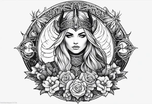 Viking, feminine warrior, bedroom eyes, headshot, princess, round emblem, moon goddess, Gaia, flowers, axes tattoo idea