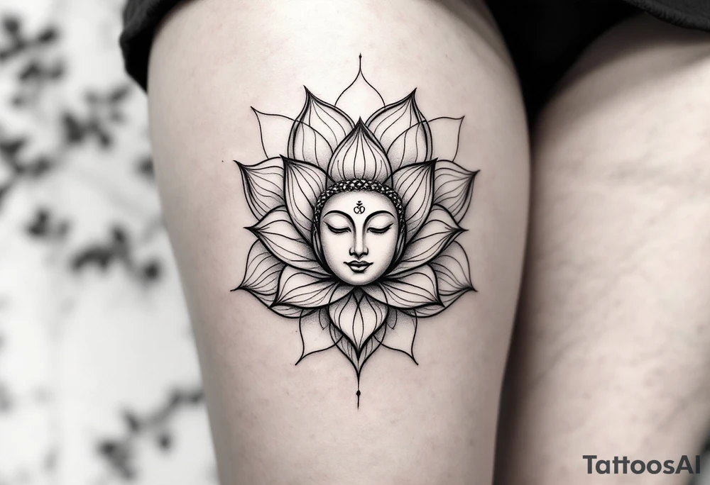 "Sacred Circle of the Lotus" – A delicate lotus flower forming a circular shape, with the petals soft and flowing outward. In the center, a subtle Buddha's face or a small Om symbol to represent inner peace and enlightenment. tattoo idea