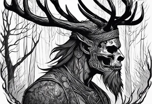 A spooky dead NO SKIN lore accurate wendigo side profile surrounded by a forest fire in background tattoo idea