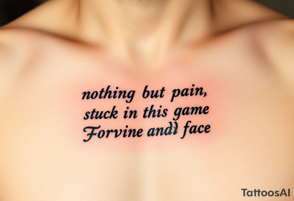 Gangster tattoo with the text” nothing but pain stuck in this game lookin for Fortune and fame” tattoo idea