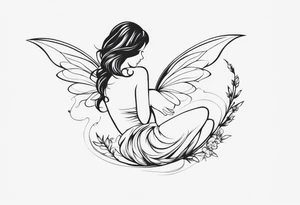 Minimalistic, monochromatic fairy with a tail flying to the left in a fetal position, leaning and looking in the same direction, with visible hands, embodying the 'Fairy Tail' logo aesthetic. tattoo idea