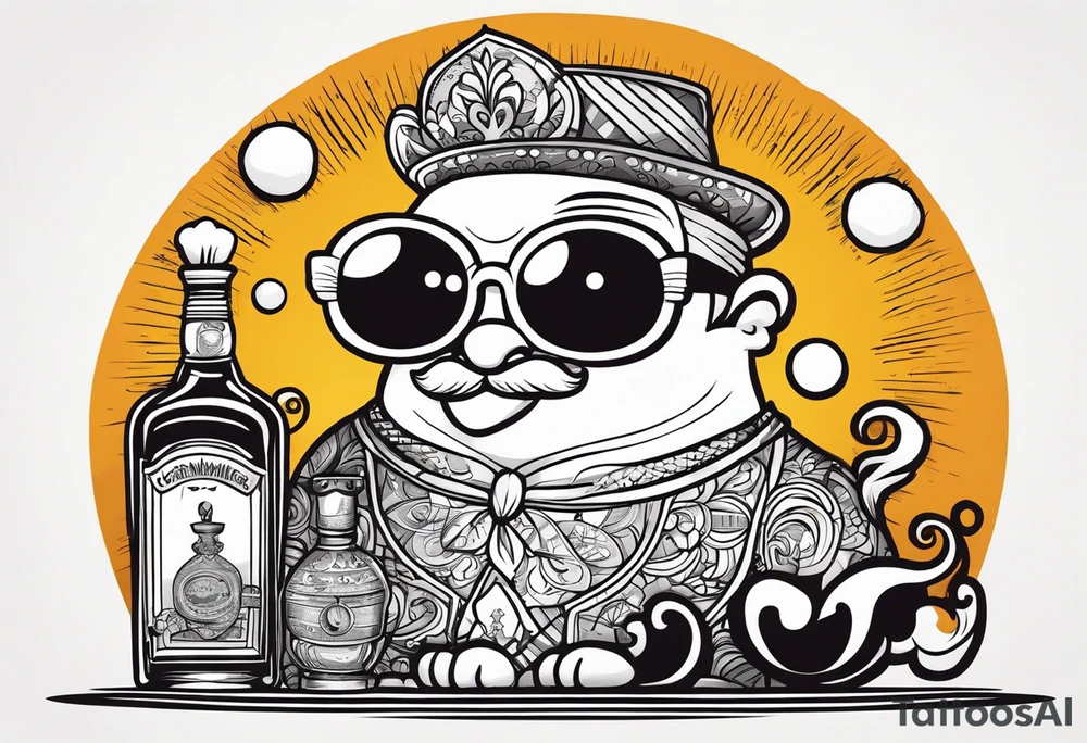 Um fantasminha com óculos de sol segurando um charuto e uma garrafa de whisky e uma coroa na cabeça tattoo idea