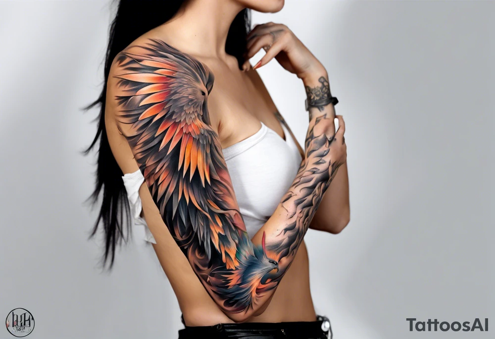 Sleeve tattoo on a woman's arm. Phoenix tattoo idea